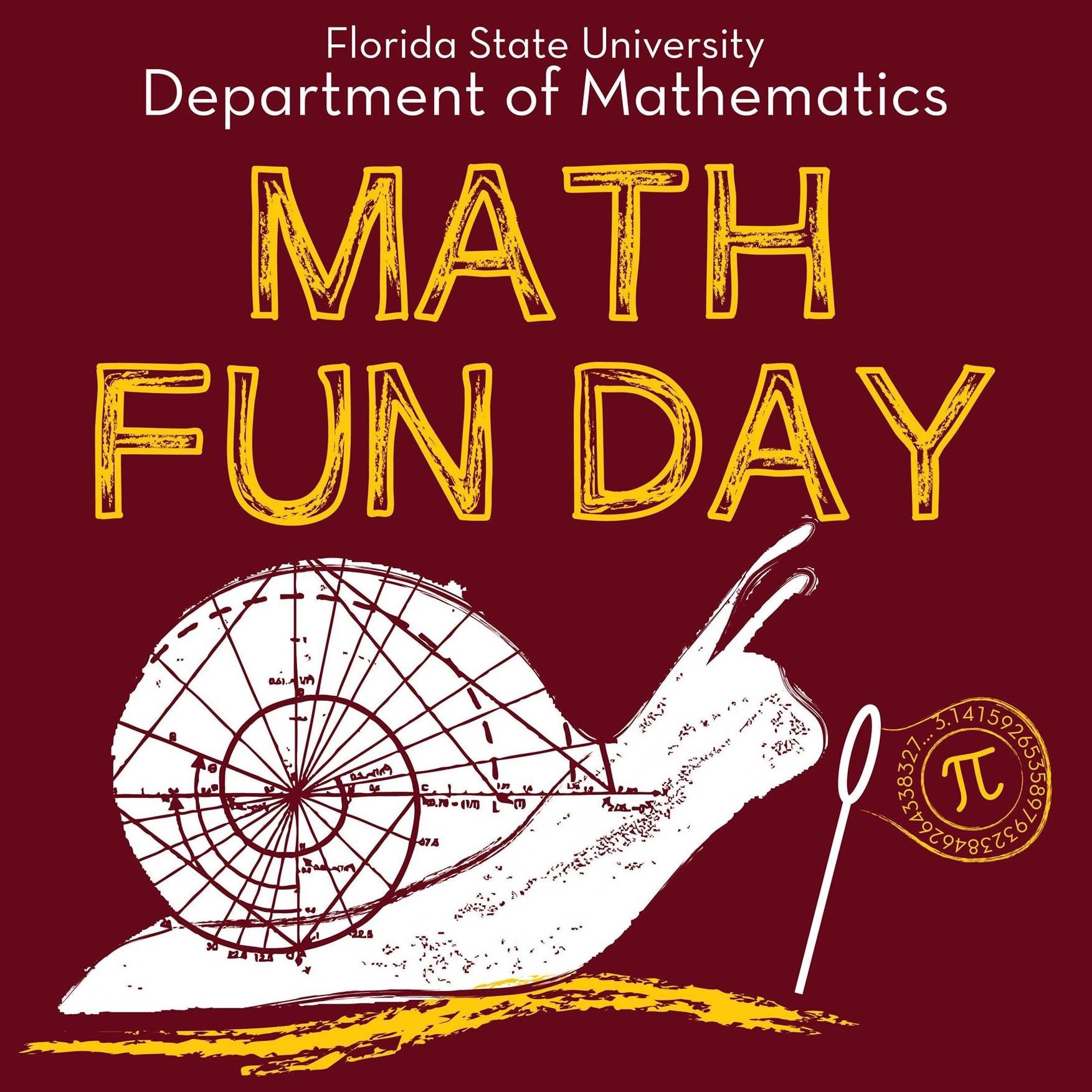 FSU Math Fun Day Logo - a snail with Fibonacci spiral shell blowing a circuluar bubble displaying the digits of pi along its perimeter